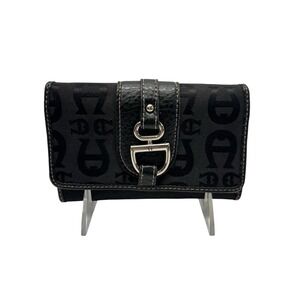 Etienne Aigner Trifold Wallet Womens Black Monogram Jacquard Leather Horseshoe